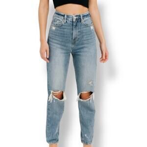 American Eagle Mom Jeans Size 0 Regular Light Wash Distressed Ripped Knees Denim